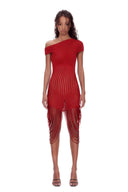 Front view of the red asymmetric draped sheer midi dress, showing an asymmetric neckline, curved sheer stripes and long looped fringe.