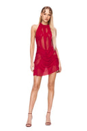 Front view of the red Bella wetlook halter mini dress, showing sheer panels and gathered draping.
