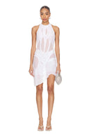 Front view of the white Bella wetlook halter mini dress, showing sheer panels and gathered draping.