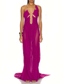Venus Wet Look Dress in Fuchsia – Front View, Sea Shell and Trident Pendant Couture Gown – LOOKE GARMENT