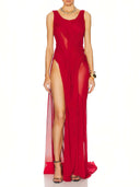 Red Wetlook Off The Shoulder Gown front view on model, full length red carpet look – LOOKE GARMENT