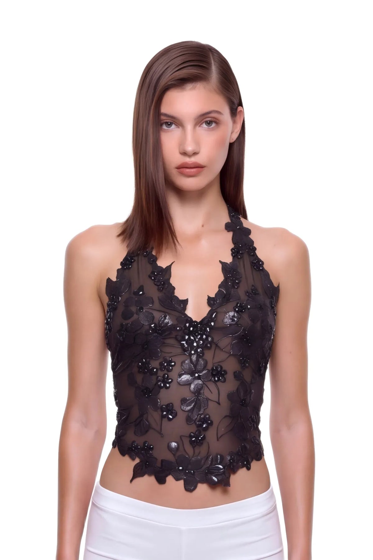 Florielle black floral halter top from Painted Dimensions, shown as an example of raised hand-painted decoration.