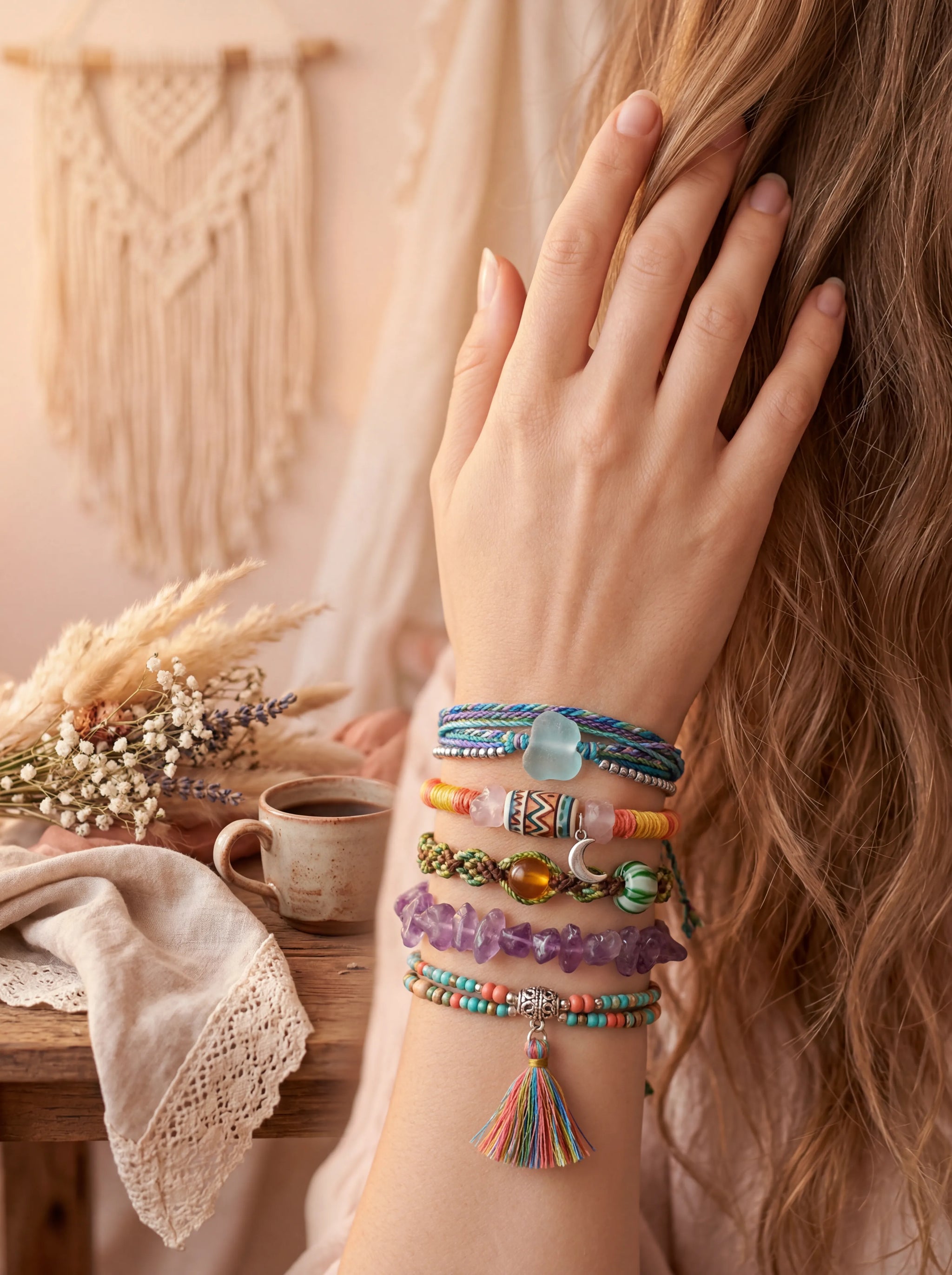 Close-up of a model's wrist showcasing a stack of Earthly Fragments artisanal bracelets, including raw amethyst, turquoise, and hand-knotted fiber textures, styled in a warm, bohemian-inspired indoor setting.