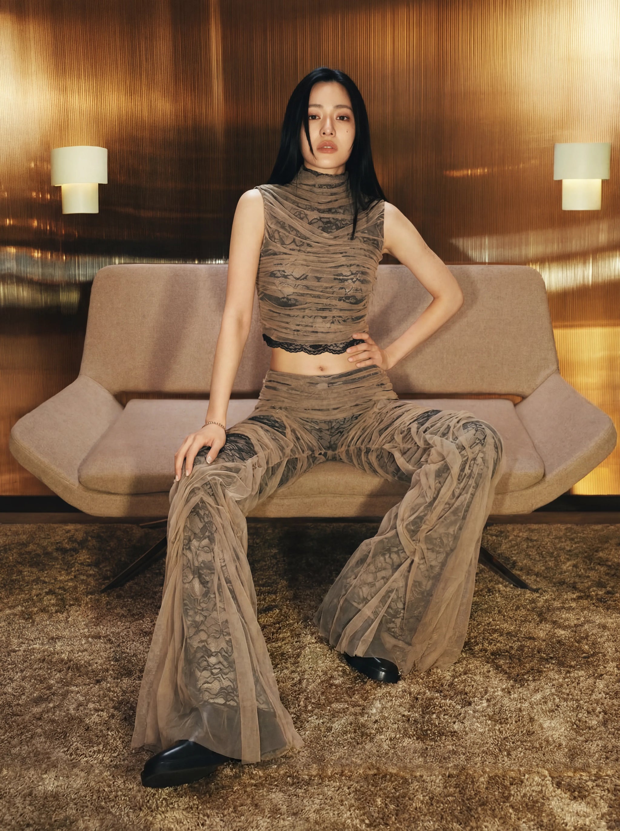 Lookegarment Matching Sets Collection Banner: A high-fashion two-piece ensemble featuring signature handcrafted pleats and a permanent wet-look shimmer.