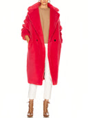101604 Teddy Bear Icon Coat in Coral – Front View, Vibrant Coral Plush Overcoat – LOOKE GARMENT