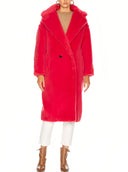 101604 Teddy Bear Icon Coat in Coral – Full Styled Outfit View, Bold Coral Alpaca Overcoat – LOOKE GARMENT