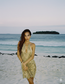 Metallic Gold Silver Moon Wetlook Midi Dress front view, glamorous evening dress – LOOKE GARMENT