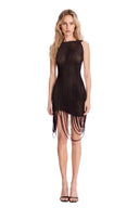 Fringed Sheer Asymmetric Mini Dress