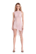 Fringed Sheer Asymmetric Mini Dress