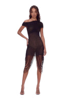 Asymmetric Draped Sheer Midi Dress