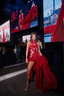Bursting Flower Wetlook Mini Dress in Red Combo – Front View Worn by Lily Rowlant, Hand-Draped Couture Mini Dress – LOOKE GARMENT