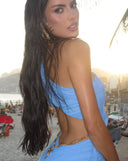 Venus Wet Look Dress in Baby Blue – Back Detail View, Open Back and Fishtail Train – LOOKE GARMENT