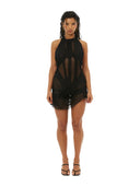Bella Wetlook Mini Dress in Black – Front View, Handcrafted Halterneck Party Dress – LOOKE GARMENT