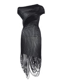 Asymmetric Draped Sheer Midi Dress in Black – Front View, Fluid Organza Draping – LOOKE GARMENT
