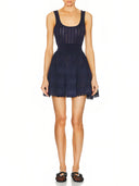 Luxury Shiny Crinoline Mini Dress in Navy – Front View, Sleeveless A-Line Knit Mini Dress – LOOKE GARMENT
