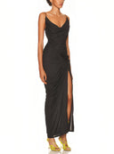 Draped Cowl Neck Maxi Dress in Black – Left Side View, Adjustable Drawstring Waist – LOOKE GARMENT