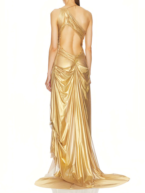 Gold Venus wet look dress, back view, open back and gold chains.