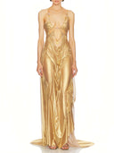Metallic Gold Venus Wet Look Dress – Front View, Goddess-Inspired Couture Evening Gown – LOOKE GARMENT