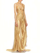 Metallic Gold Venus Wet Look Dress – Left Side View, Fishtail Train Detail – LOOKE GARMENT