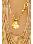Metallic Gold Venus Wet Look Dress – Detail View, Gold-Plated Jewelry and Crystal Embellishment – LOOKE GARMENT