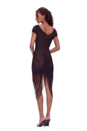Angled back view of the black asymmetric draped sheer midi dress, showing the garment silhouette and back detailing.