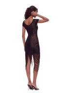 Opposite back angle view of the black asymmetric draped sheer midi dress, showing an asymmetric neckline, curved sheer stripes and long looped fringe.