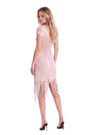 Angled back view of the light pink asymmetric draped sheer midi dress, showing the garment silhouette and back detailing.