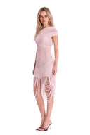 Opposite front angle view of the light pink asymmetric draped sheer midi dress, showing an asymmetric neckline, curved sheer stripes and long looped fringe.