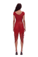 Back view of the red asymmetric sheer midi dress, showing the scooped back neckline, curved stripes and draped fringe.