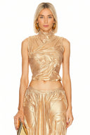 Front detail of the Metallic Gold wetlook high-neck crop top with ruched metallic mesh
