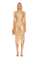 Metallic Gold wetlook crop top and asymmetric midi skirt two-piece set, full-length front view