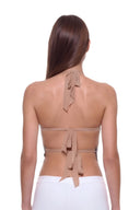 Aurevia halter crop top in Metallic Black, back view showing the open back and two nude ties.