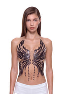 Aurevia halter crop top in Metallic Black, front view showing the raised phoenix motif and shaped hem.