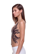 Aurevia halter crop top in Metallic Black, side view showing the shaped feather-like edges and open back.
