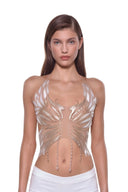 Aurevia halter crop top in Metallic Gold, front view showing the raised phoenix motif and shaped hem.