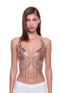 Aurevia halter crop top in Metallic Rose, front view showing the raised phoenix motif and shaped hem.