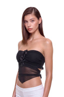 Aveline 3D hand-painted floral tie-back crop top in Black, front three-quarter view showing gathered mesh and floral detail