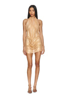 front view of the Bella Metallic Wetlook Halter Mini Dress in gold, showing its draped silhouette.