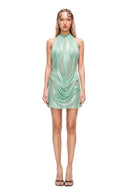 front view of the Bella Metallic Wetlook Halter Mini Dress in mint green, showing its draped silhouette.