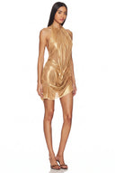 Left side view of the Bella Wetlook Halter Mini Dress in Metallic Gold showing the body-contouring drape