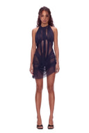 Front view of the navy Bella wetlook halter mini dress, showing sheer panels and gathered draping.