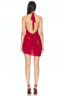 Additional view of the Bella Wetlook Halter Mini Dress in Red showing the semi-sheer wetlook finish