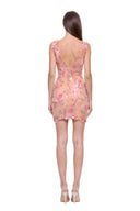 Calanthe floral mini dress in Marble, back view showing the V neckline and center-back zipper
