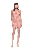 Calanthe floral mini dress in Marble, front view showing the V neckline and floral mini hem