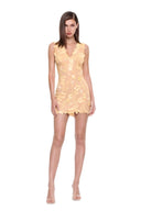 Calanthe floral mini dress in Sungold, front view showing the V neckline and floral mini hem