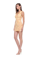 Calanthe floral mini dress in Sungold, three-quarter front view showing the fitted floral silhouette