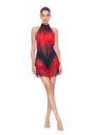 Angled front view of the Eclipse red and black gradient mini dress, showing the halter neckline and layered draping.