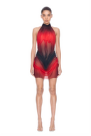 Front view of the Eclipse red and black gradient mini dress with a high halter neckline, sheer waist panels and gathered draping.