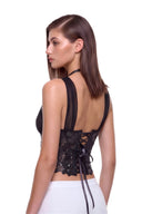 Elowen 3D hand-painted floral corset top in Black, back three quarter view