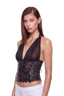 Elowen 3D hand-painted floral corset top in Black, front three quarter view